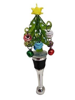 Christmas Tree Wine Cork Bottle Stopper Glass Blown Tree With Bells Wine Bottle